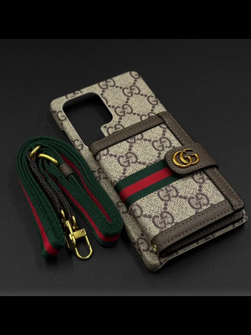 Gucci Brown Monogram Wallet Phone Case with GG and strap for Samsung Zfold 6